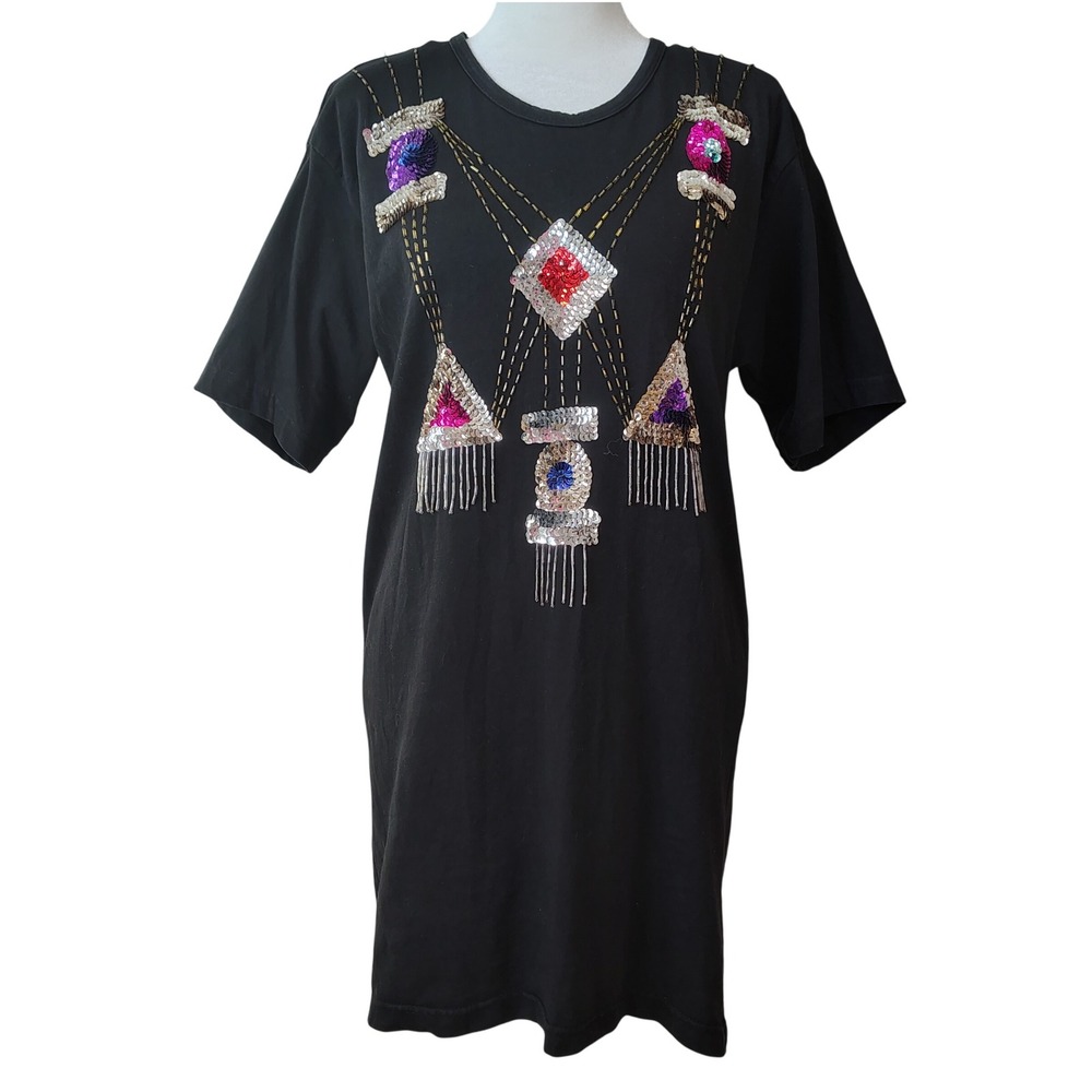 Vintage 90s Looking Good T-Shirt Dress Size‎ Medium Black Colorful Sequin Beaded